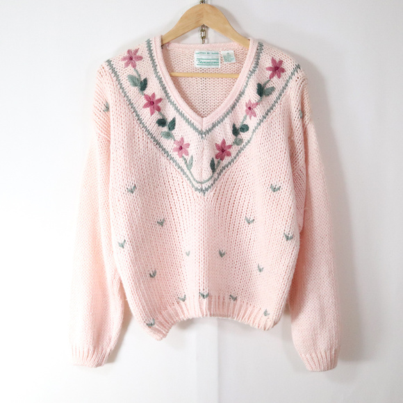 Vintage Sweaters - ❌SOLD❌ vintage 90s hand knit pink floral sweater M